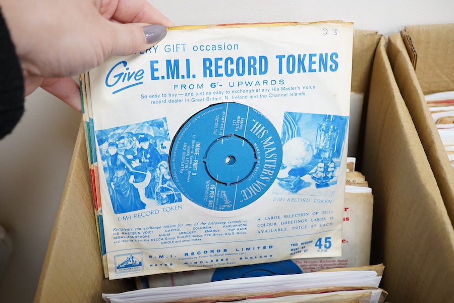 Three boxes of 7 inch singles, all on HMV record labels, artists include; Ray Charles, Manfred Mann, The Swinging Blue Jeans John Leyton, Mike Berry, Kay Starr, Tony Martin, Eddie Fisher, Don Lang, Fats Domino, Johnny Ki